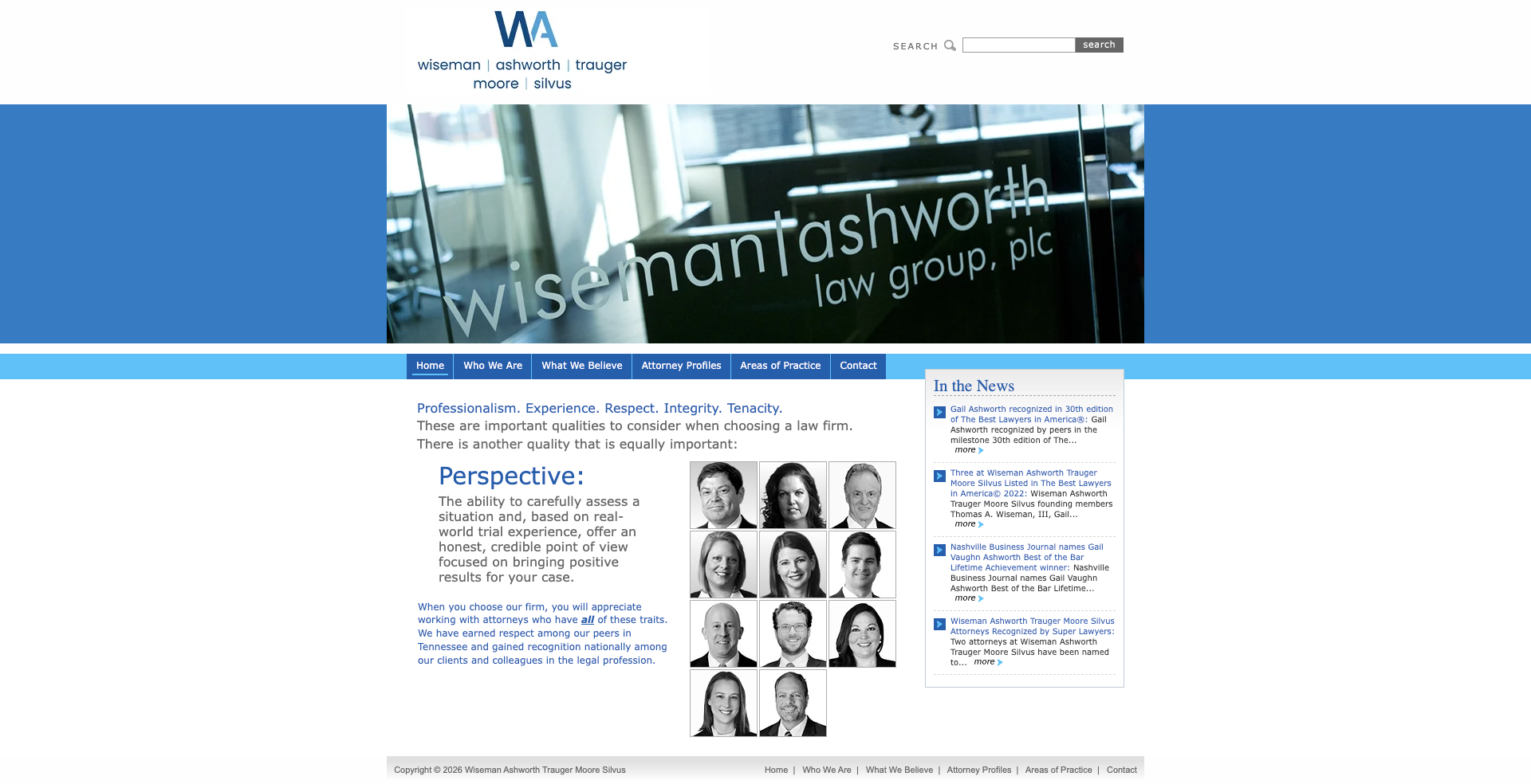 watlawgroup Homepage screenshot of Wiseman Ashworth Trauger Moore Silvus law group website featuring attorney profiles, navigation menu, legal services information, and firm news updates.